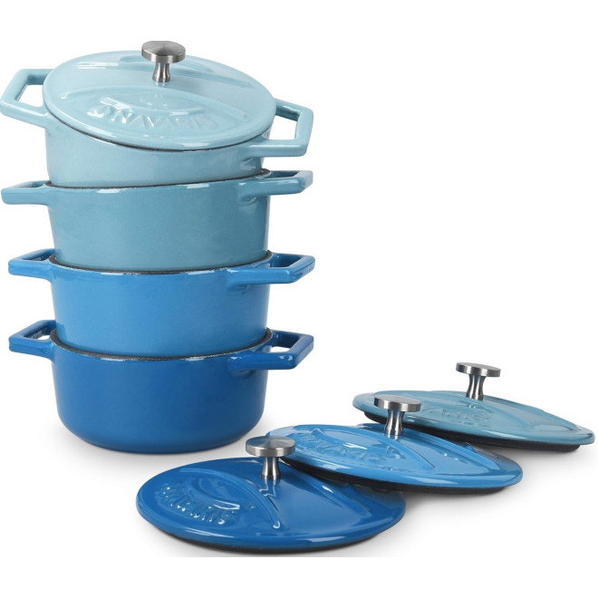 Navaris Cast Iron Round Cocottes - Σετ 4 Μίνι Αντικολλητικές Κατσαρόλες από Χυτοσίδηρο και Καπάκι από Ανοξείδωτο Ατσάλι για Φούρνο - 10,5cm - 290ml - Blue