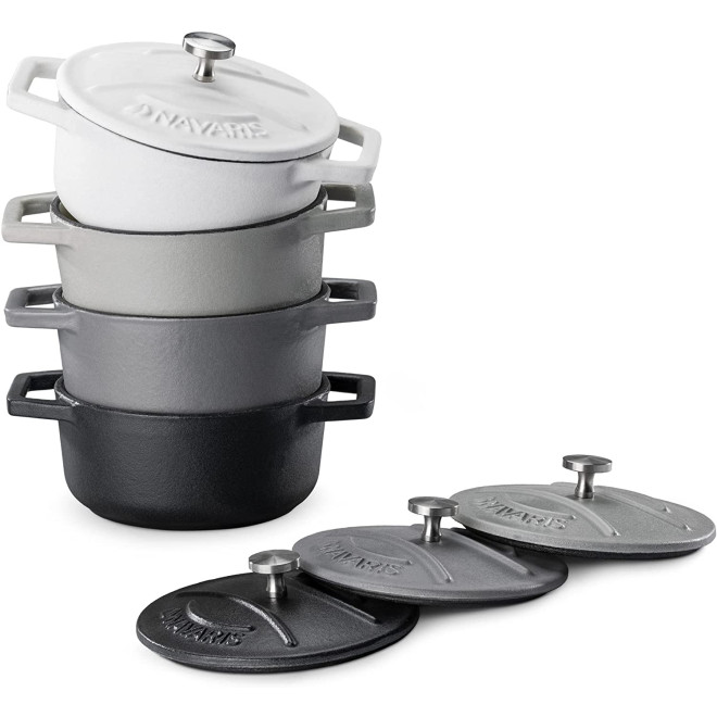 Navaris Cast Iron Round Cocottes - Σετ 4 Μίνι Αντικολλητικές Κατσαρόλες από Χυτοσίδηρο και Καπάκι από Ανοξείδωτο Ατσάλι για Φούρνο - 10,5cm - 290ml - Matte