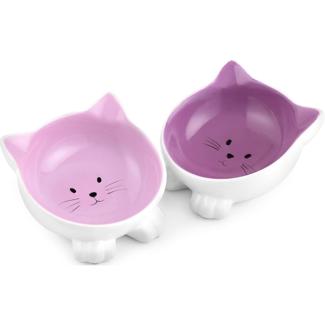 Navaris Cat Bowls with Ears Set of 2 - Σετ με 2 Μπολ Φαγητού και Νερού σε Σχήμα Γάτας - Violet / Pink