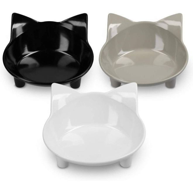 Navaris Cat Bowls with Ears Set of 3 - Σετ με 3 Μπολ Φαγητού και Νερού σε Σχήμα Γάτας - Black / Grey / White