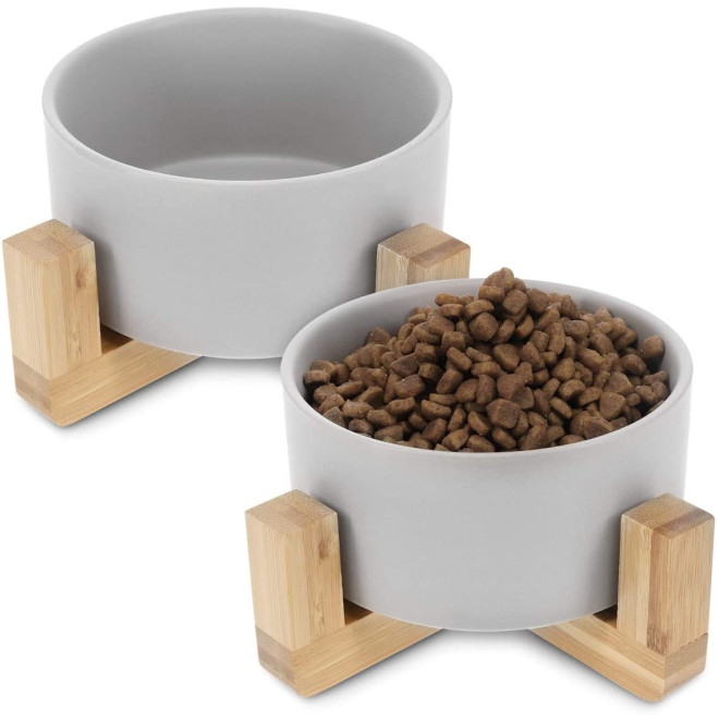 Navaris Ceramic Elevated Cat Bowls - Σετ με 2 Μπολ Φαγητού και Νερού με Βάση από Μπαμπού για Κατοικίδια - Grey / Brown