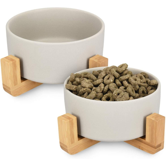 Navaris Ceramic Elevated Cat Bowls - Σετ με 2 Μπολ Φαγητού και Νερού με Βάση από Μπαμπού για Κατοικίδια - Grey / Brown