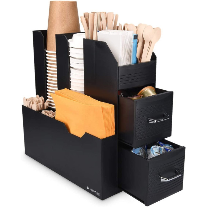 Navaris Coffee Organizer - Βάση Οργάνωσης και Αποθήκευσης Αναλώσιμων Καφέ και Τσάι με 2 Συρτάρια - Black