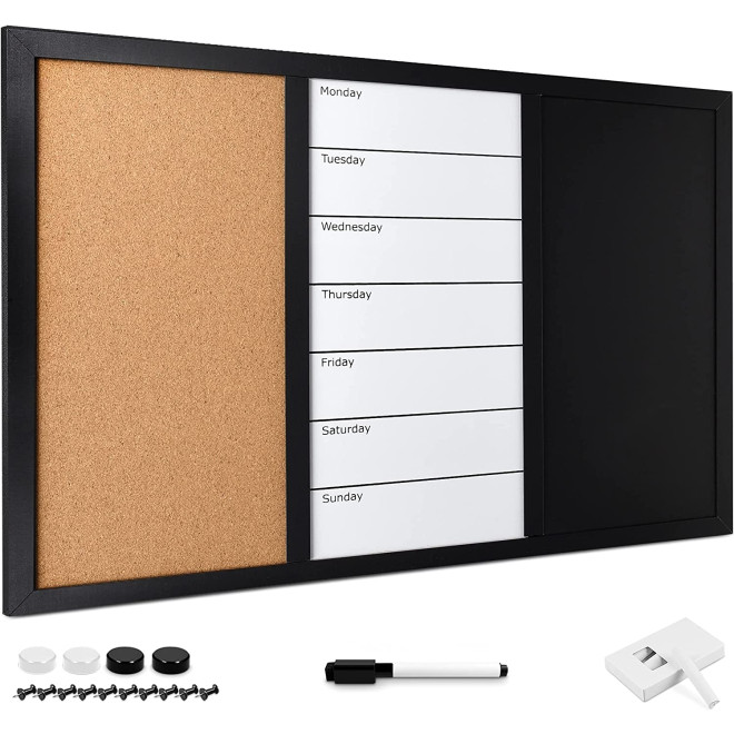 Navaris Combination Board 3 in 1 - Μαγνητικός Πίνακας Ανακοινώσεων Κιμωλίας & Μαρκαδόρου με Εβδομαδιαίο Πλάνο και Πίνακας από Φελλό - 70 x 50cm