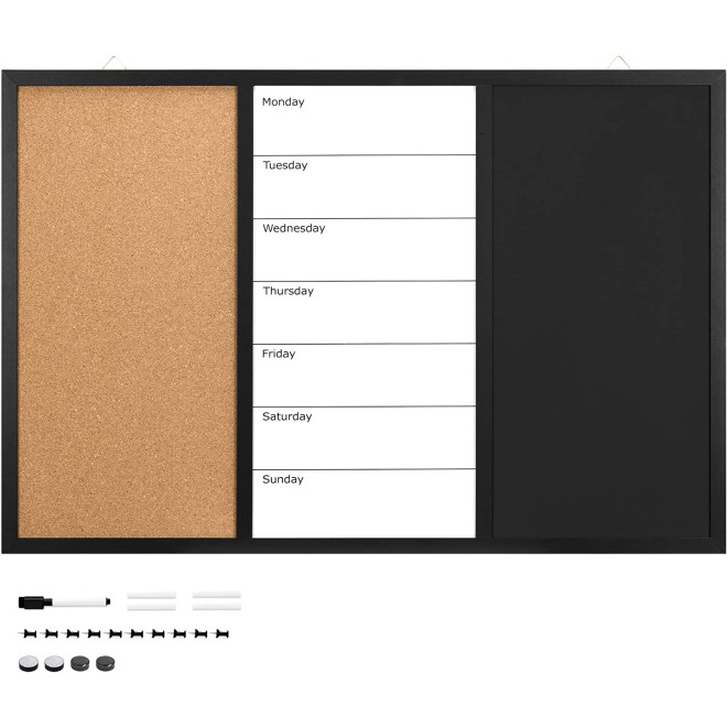 Navaris Combination Board 3 in 1 - Μαγνητικός Πίνακας Ανακοινώσεων Κιμωλίας & Μαρκαδόρου με Εβδομαδιαίο Πλάνο και Πίνακας από Φελλό - 90 x 60cm