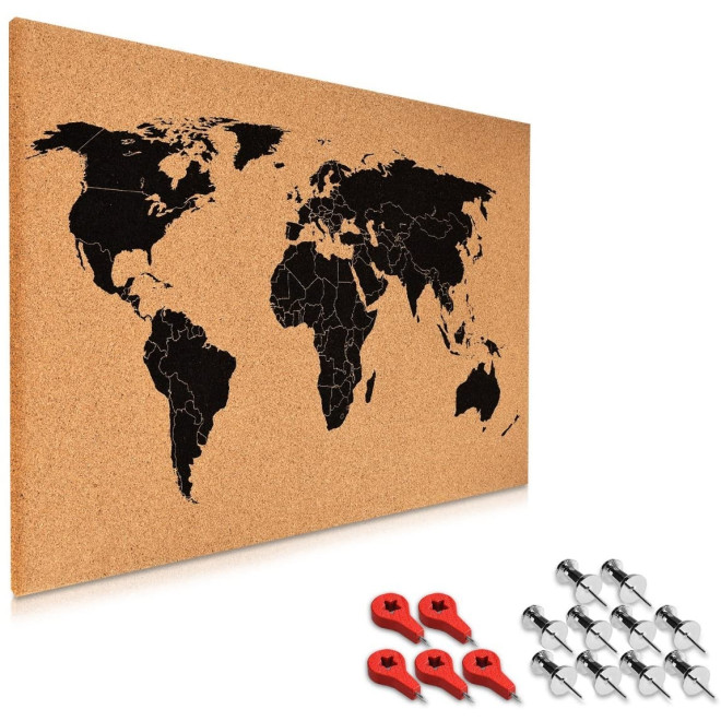 Navaris Cork Bulletin Board - Πίνακας Ανακοινώσεων από Φελλό με Πινέζες - 60 x 40cm - World Map - Brown / Black