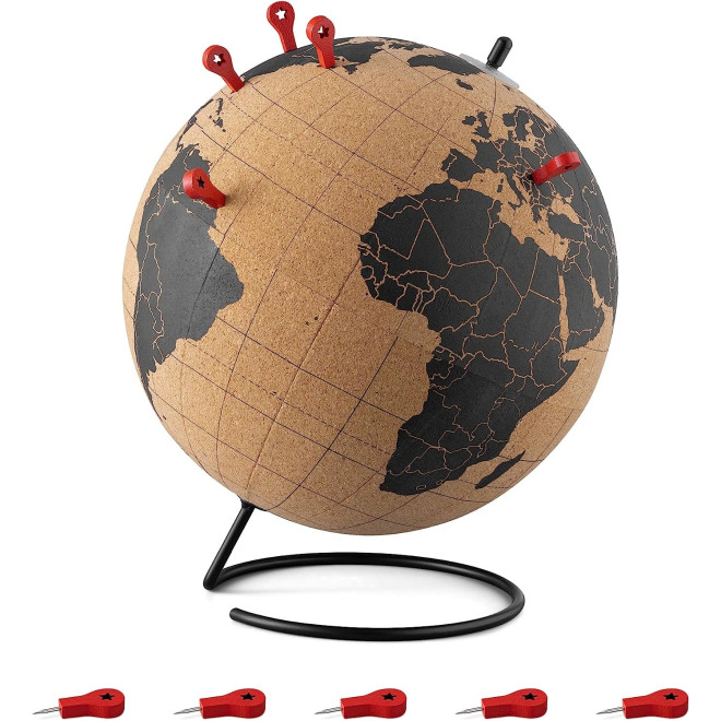 Navaris Cork Globe with Pins - Διακοσμητική Υδρόγειος Σφαίρα από Φελλό με 10 Πινέζες - Διάμετρος 20cm - Brown / Black Print