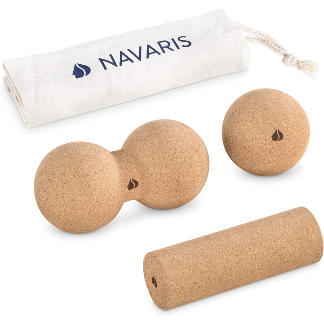 Navaris Cork Massage Fascia Roller Ball Set - Σετ Μασάζ από Φελλό - Κύλινδρος / Μπάλα / Peanut Duo - Light Brown