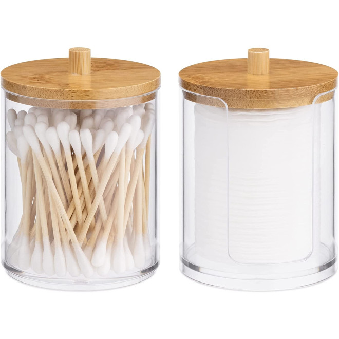 Navaris Cotton Bud Container - Θήκη / Δοχείο Αποθήκευσης για Μπατονέτες / Βαμβάκι / Αξεσουάρ Μακιγιάζ με Καπάκι από Μπαμπού - 2 Τεμάχια - Clear