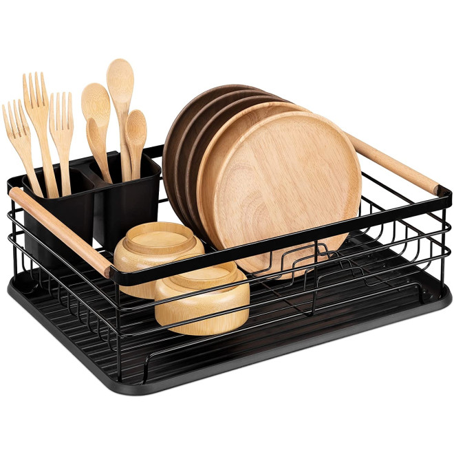 Navaris Dish Drainer Rack - Μεταλλική Πιατοθήκη / Στραγγιστήρι με Ξύλινες Λαβές - Black