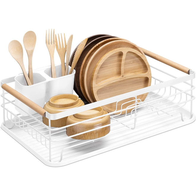 Navaris Dish Drainer Rack - Μεταλλική Πιατοθήκη / Στραγγιστήρι με Ξύλινες Λαβές - White