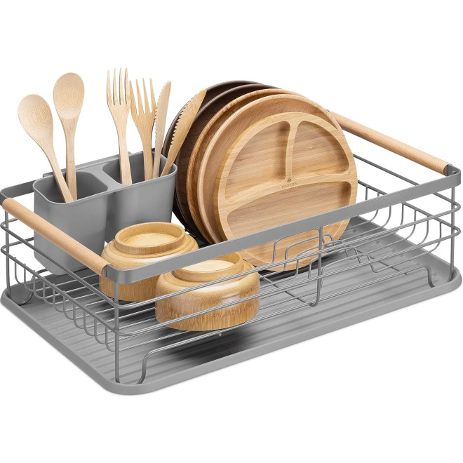 Navaris Dish Drainer Rack - Μεταλλική Πιατοθήκη / Στραγγιστήρι με Ξύλινες Λαβές - Grey