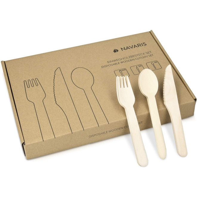 Navaris Disposable Wooden Cutlery Set - Σετ Ξύλινα Βιοδιασπώμενα Μαχαιροπίρουνα - 200 Τεμάχια