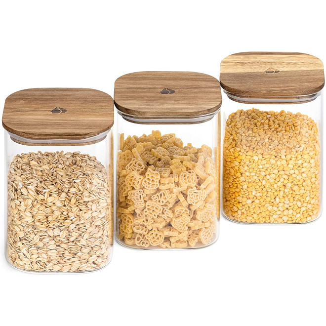 Navaris Glass Storage Jars 1L Set of 3 - Σετ 3 Γυάλινα Βάζα Αποθήκευσης με Καπάκι από Ξύλο Ακακίας - 1L - Clear