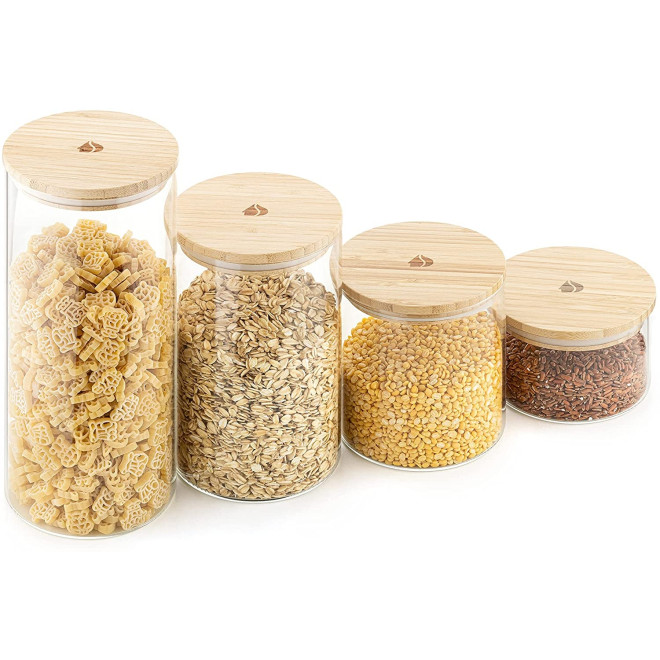 Navaris Glass Storage Jars Set of 4 - Σετ 4 Γυάλινα Βάζα Αποθήκευσης με Καπάκι από Μπαμπού - 1.4L / 1L / 600ml / 300ml - Clear