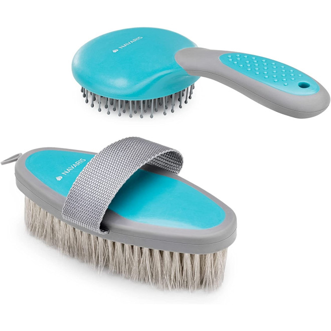 Navaris Horse Brushes Set - Σετ 2 Βούρτσες Αλόγου για Χαίτη / Ουρά / Σώμα - Grey / Turquoise