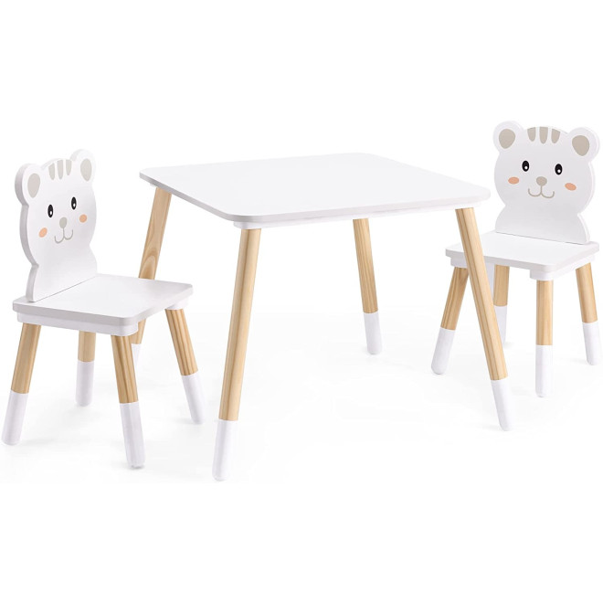Navaris Kids Wooden Table with 2 Chairs - Σετ Παιδικό Τραπέζι με 2 Καρέκλες από Ξύλο Πεύκου - Cat Design / White / Light Brown