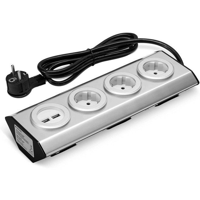 Navaris Kitchen Power Strip - Πολύπριζο από Ανοξείδωτο Ατσάλι με 3 Υποδοχές και 2 x USB-A - Silver