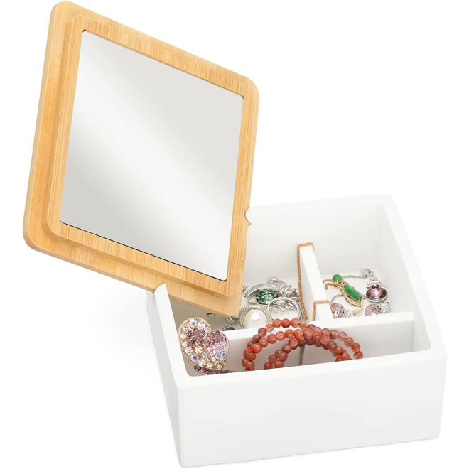 Navaris Makeup & Jewelry Organizer with Mirror - Κοσμηματοθήκη με Καπάκι από Μπαμπού / Κουτί Αποθήκευσης Καλλυντικών & Κοσμημάτων με Καθρέπτη - 13 x 13 x 6 cm - White