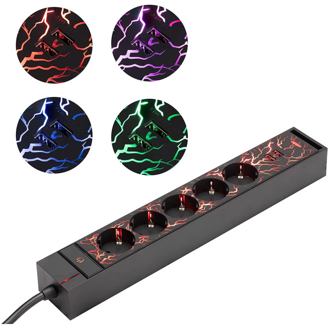 Navaris LED Power Strip - Gaming LED Πολύπριζο με 5 Υποδοχές και 2 x USB-A - Black