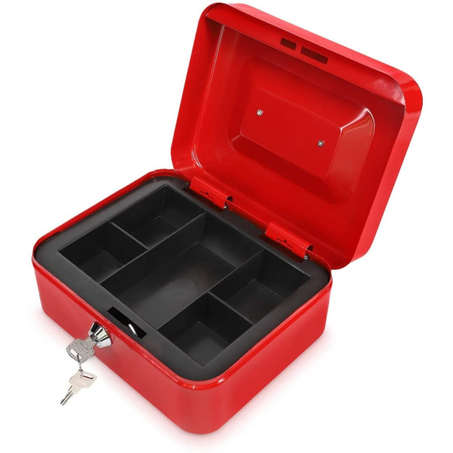 Navaris Lockable Cash Box - Χρηματοκιβώτιο / Μεταλλικό Κουτί Ταμείου με Κλειδί για Χαρτονομίσματα / Επιταγές και Κέρματα - 20 x 15 x 9cm - Red