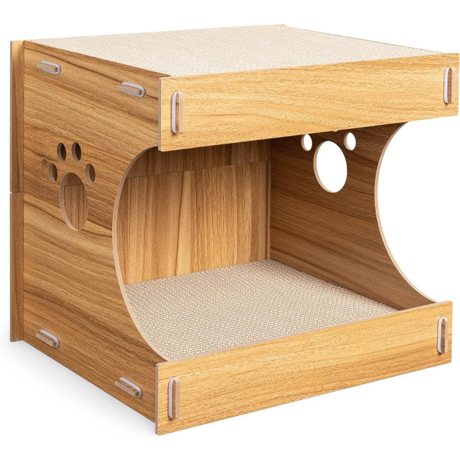 Navaris MDF Cat House with 4 Scratcher Pads - Σπίτι Εσωτερικού Χώρου για Γάτες με Ονυχοδρόμιο από MDF & Χαρτόνι - 40 x 30 x 35 cm - Brown