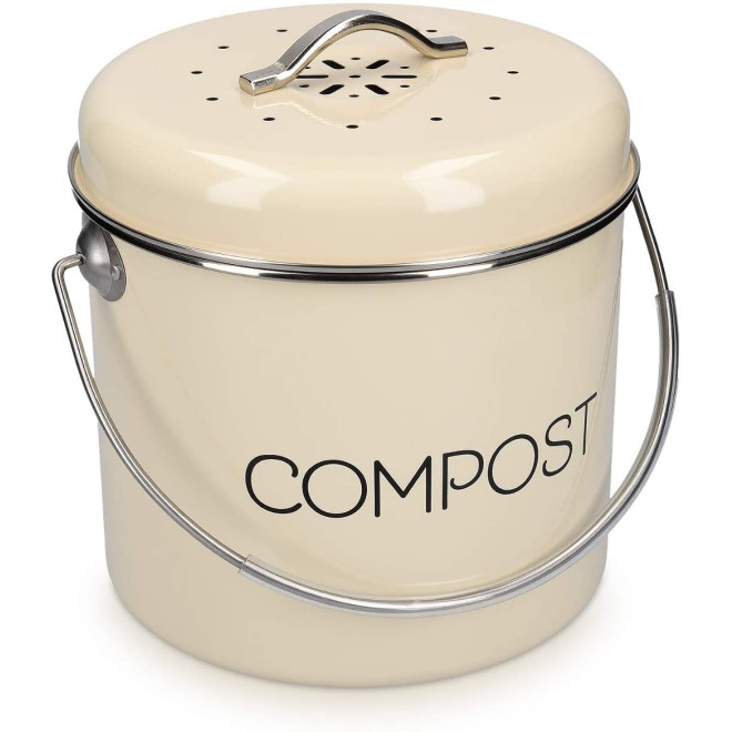 Navaris Metal Compost Caddy Bin - Κάδος Kομποστοποίησης για Οργανικά Απορρίμματα - 5L - Cream