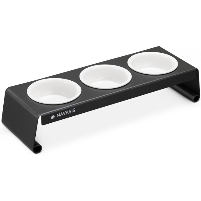 Navaris Metal Food Stand with 3 Ceramic Bowls - Σετ με 3 Ανυψωμένα Κεραμικά Μπολ Φαγητού και Νερού σε Βάση από Μέταλλο για Κατοικίδια - 350ml - Dark Grey