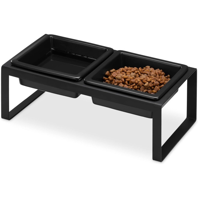 Navaris Modern Cat Feeding Station with Square Bowls - Σετ με 2 Ανυψωμένα Τετράγωνα Κεραμικά Μπολ Φαγητού και Νερού σε Μεταλλική Αντιολισθητική Βάση για Κατοικίδια - 250ml - 29 x 15.5 x 10 cm - Black