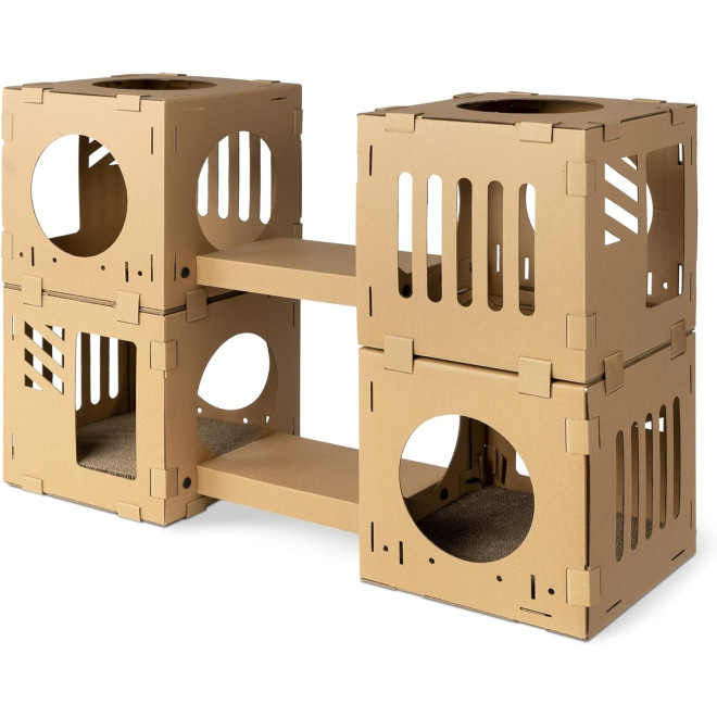 Navaris Modular Cat Tunnel Cubes / Play Tower Condo - Παιχνίδι / Σπίτι για Γάτες / Κουνελάκια με 2 x Ονυχοδρόμια / 2 x Γέφυρες & 4 x Κύβους από Χαρτόνι Γκοφρέ - Brown