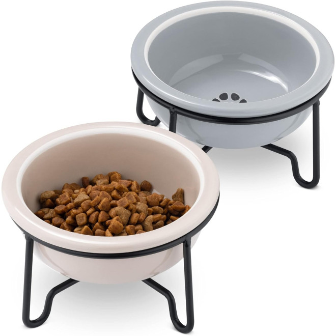 Navaris Raised Ceramic Pet Bowls with Metal Stands - Σετ με 2 Ανυψωμένα Κεραμικά Μπολ Φαγητού και Νερού σε Μεταλλικές Βάσεις για Κατοικίδια - 380ml - Beige / Gray