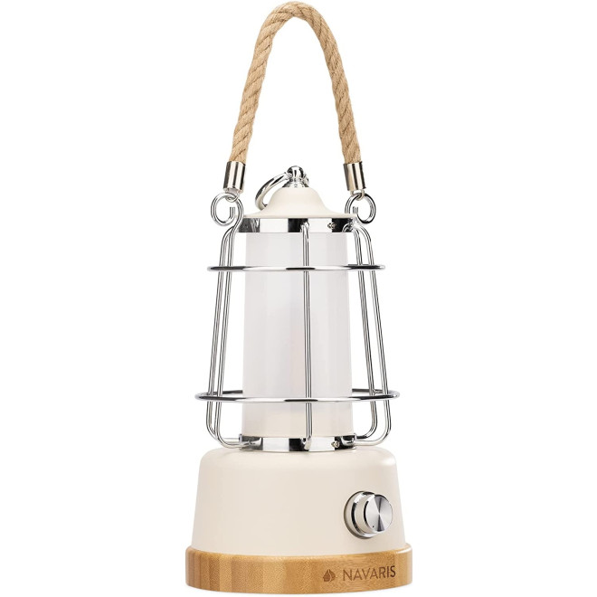 Navaris Rechargeable LED Latern - Επαναφορτιζόμενο LED Φανάρι από Μπαμπού και Μέταλλο με PowerBank 5000mAh με 1 x USB-A - 12.6 x 12.6 x 23cm - White