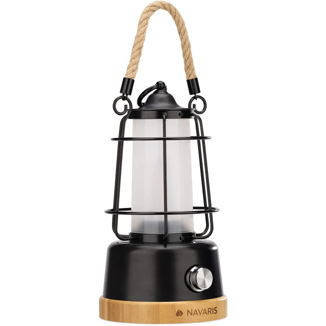 Navaris Rechargeable LED Latern - Επαναφορτιζόμενο LED Φανάρι από Μπαμπού και Μέταλλο με PowerBank 5000mAh με 1 x USB-A - 12.6 x 12.6 x 23cm - Black