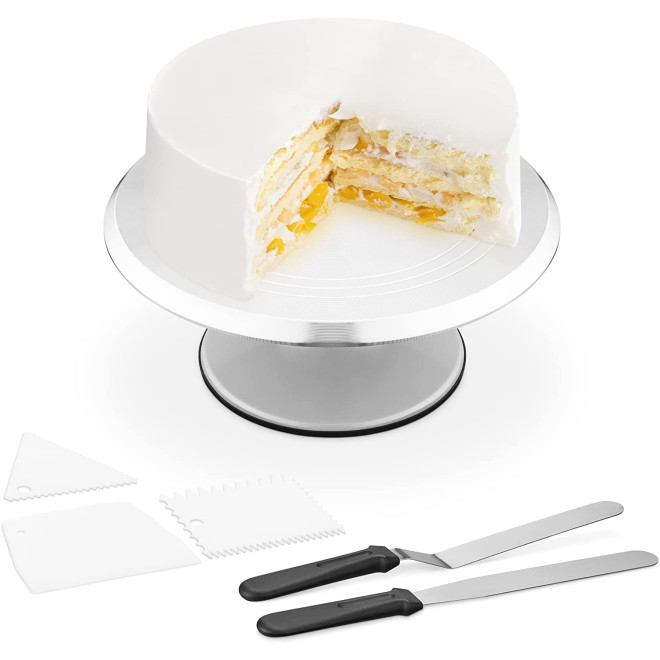 Navaris Rotating Cake Stand - Σετ Τουρτιέρα / Περιστρεφόμενη Βάση για Τούρτα / Κέικ από Αλουμίνιο και Ανοξείδωτο Ατσάλι με 2 x Σπάτουλες & 3 Ξύστρες - 30 cm - Grey