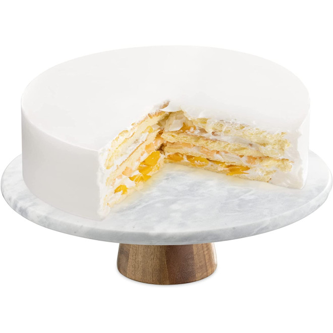 Navaris Rotating Marble Cake Stand - Τουρτιέρα / Περιστρεφόμενη Βάση για Τούρτα / Κέικ από Μάρμαρο και Ξύλο Ακακίας - 30 cm