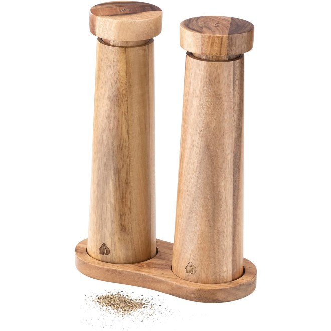 Navaris Salt and Pepper Mill Set with Wooden Tray - Σετ Χειροκίνητοι Μύλοι Μπαχαρικών / Δοχεία για Αλάτι και Πιπέρι με Βάση από Ξύλο Ακακίας - Brown / Acacia Wood