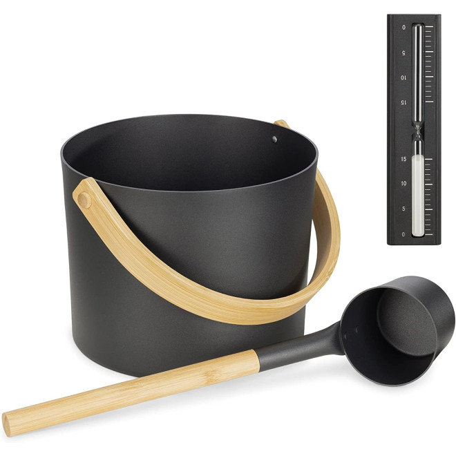 Navaris Sauna Kit - Σετ Κάδος Σάουνας με Κουτάλα και Κλεψύδρα από Αλουμίνιο και Μπαμπού - 5L - Black
