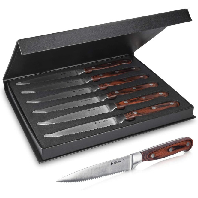 Navaris Set of Steak Knives - Σετ με 6 Μαχαίρια από Ανοξείδωτο Ατσάλι με Λαβή από Ξύλο Pakka και Κουτί Αποθήκευσης - Brown