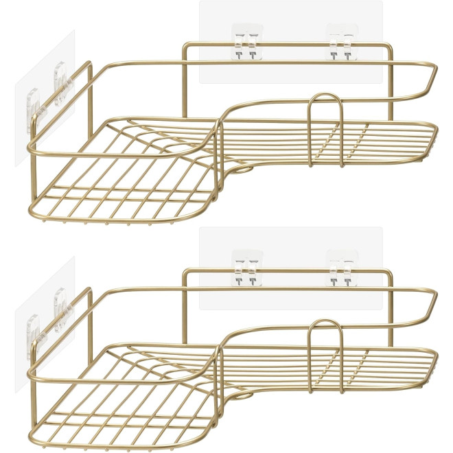 Navaris Shower Shelves - Σετ με 2 Μεταλλικά Γωνιακά Ράφια Τοίχου / Επιτοίχια Ραφιέρα για Μπάνιο / Κουζίνα - 26 x 26 x 5.5 cm - Gold