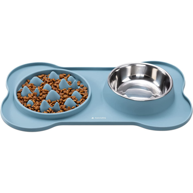 Navaris Slow Feeder and Water Bowl Set - Σετ Μπολ Φαγητού Αργής Κατάποσης από Σιλικόνη και Μπολ Νερού από Ανοξείδωτο Ατσάλι για Κατοικίδια - Dark Blue 