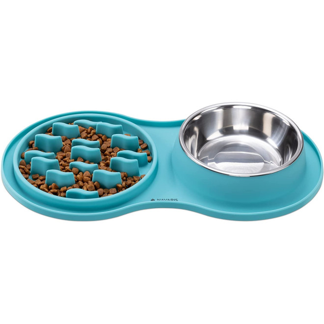 Navaris Slow Feeder and Water Bowl Set - Σετ Μπολ Φαγητού Αργής Κατάποσης από Σιλικόνη και Μπολ Νερού από Ανοξείδωτο Ατσάλι για Κατοικίδια - Turquoise