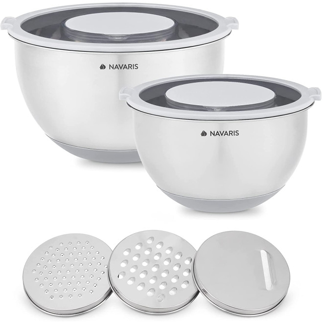 Navaris Stainless Steel Mixing Bowls and Graters - Σετ με 2 Μεταλλικά Δοχεία Φαγητού με Καπάκι και 3 Τρίφτες - Grey
