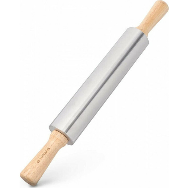 Navaris Stainless Steel Rolling Pin - Πλάστης από Ανοξείδωτο Ατσάλι με Ξύλινες Λαβές - Grey