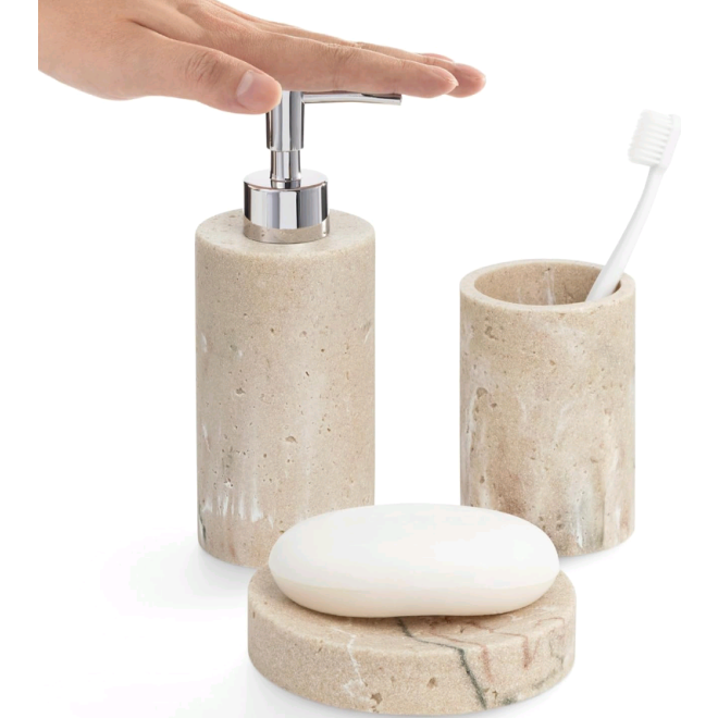 Navaris Stone Bathroom Accessories Set - Σετ με 3 Αξεσουάρ Μπάνιου από Πολυρητίνη με Δοχείο Σαπουνιού / Δοχείο για Οδοντόβουρτσες / Βάση Σαπουνιού - Beige Stone