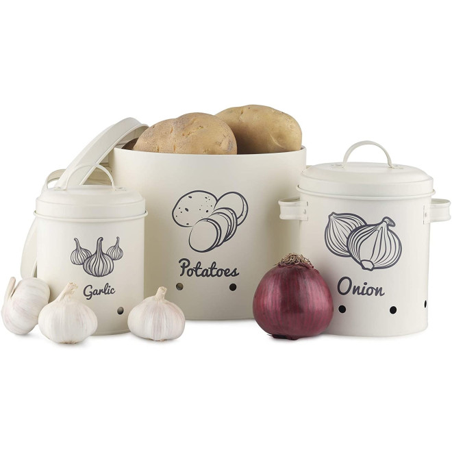 Navaris Storage Tins for Potatoes, Garlic, Onion - Σετ με 3 Δοχεία Αποθήκευσης Λαχανικών - Cream