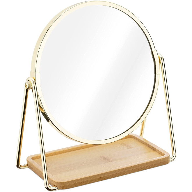 Navaris Tabletop Mirror with Tray - Καθρέπτης Μακιγιάζ με Βάση για Κοσμήματα από Μπαμπού - Gold