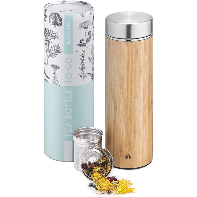 Navaris Tea Bottle To-Go - Μπουκάλι Τσαγιού από Μπαμπού και Ανοξείδωτο Ατσάλι - 500ml