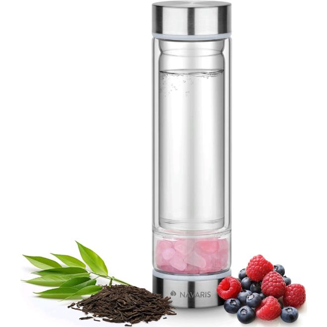 Navaris Tea Bottle with Gemstones - Γυάλινο Μπουκάλι Τσαγιού & Νερού με Πέτρες Rosequarz και Θήκη - 450ml - Clear / Pink
