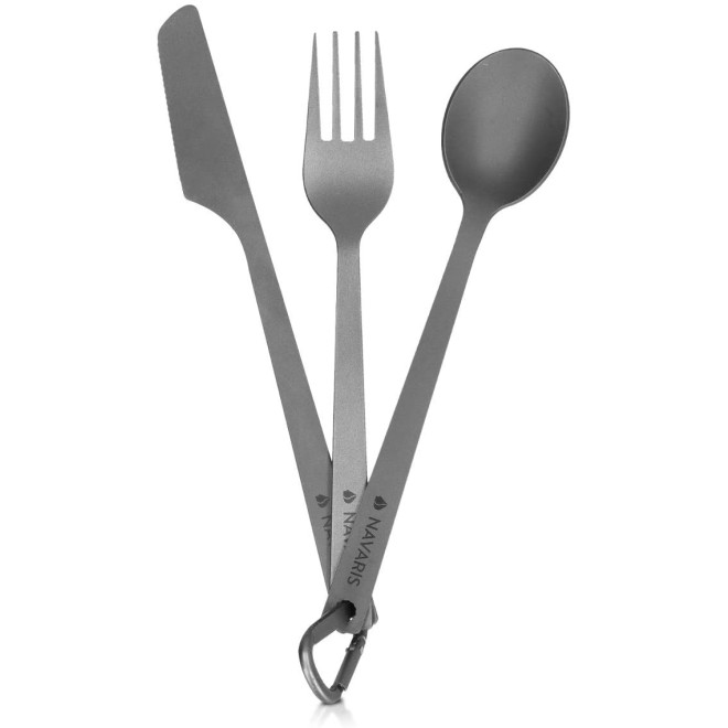 Navaris Titanium Camping Cutlery Set - Φορητό Σετ με Κουτάλι, Πιρούνι και Μαχαίρι από Τιτάνιο - Grey