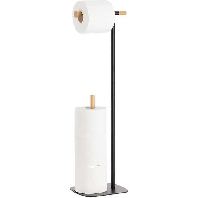 Navaris Toilet Paper Holder Stand - Χαρτοθήκη Δαπέδου / Βάση για Χαρτί Υγείας από Μέταλλο και Μπαμπού - Black / Brown